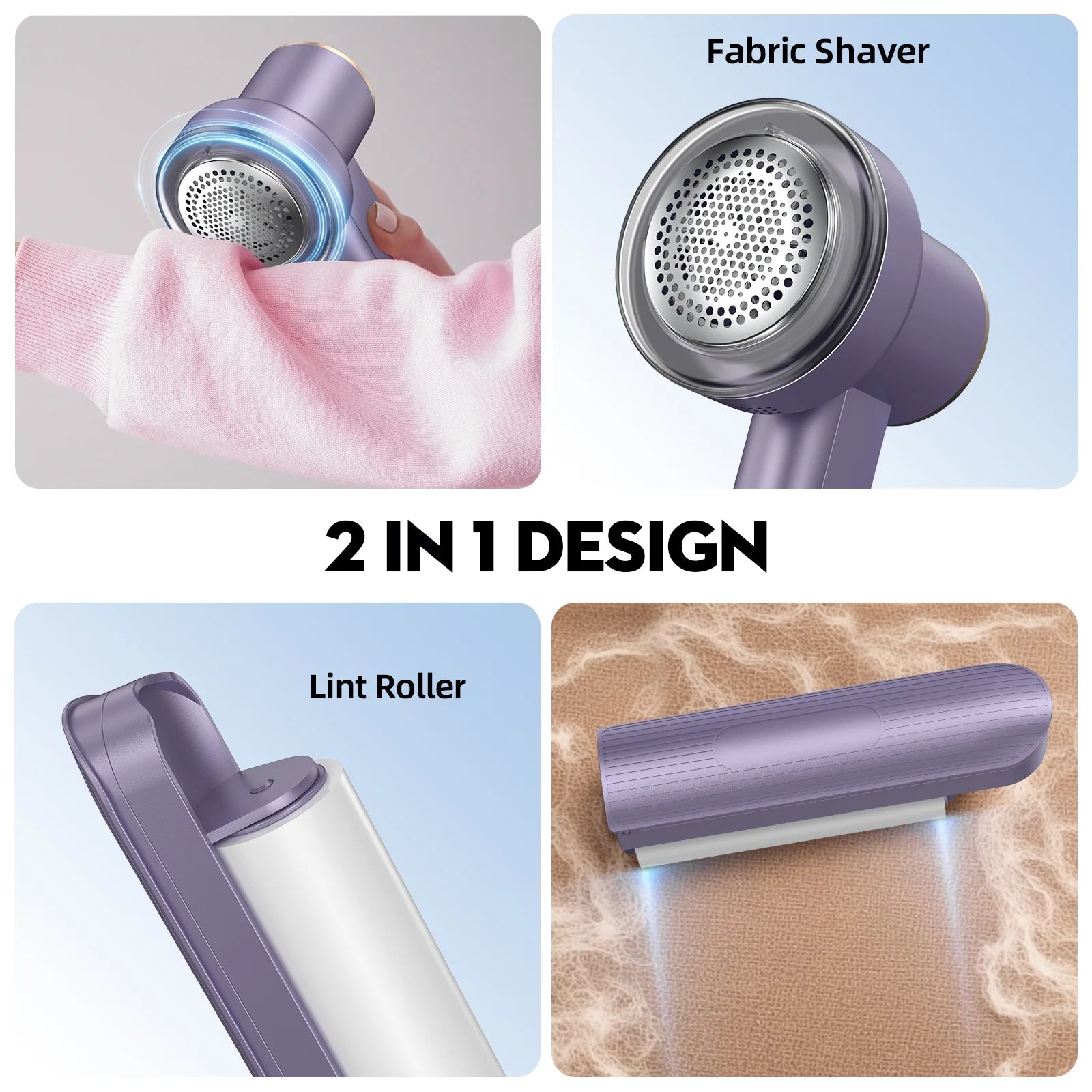 2-In-1 Rechargeable Fabric Shaver, Electric Lint Remover with 6 Blades & LED Digital Display, Sweater Defuzzer to Remove Pilling for Clothes, Furniture, Bedding, Gifts for Christmas, Purple