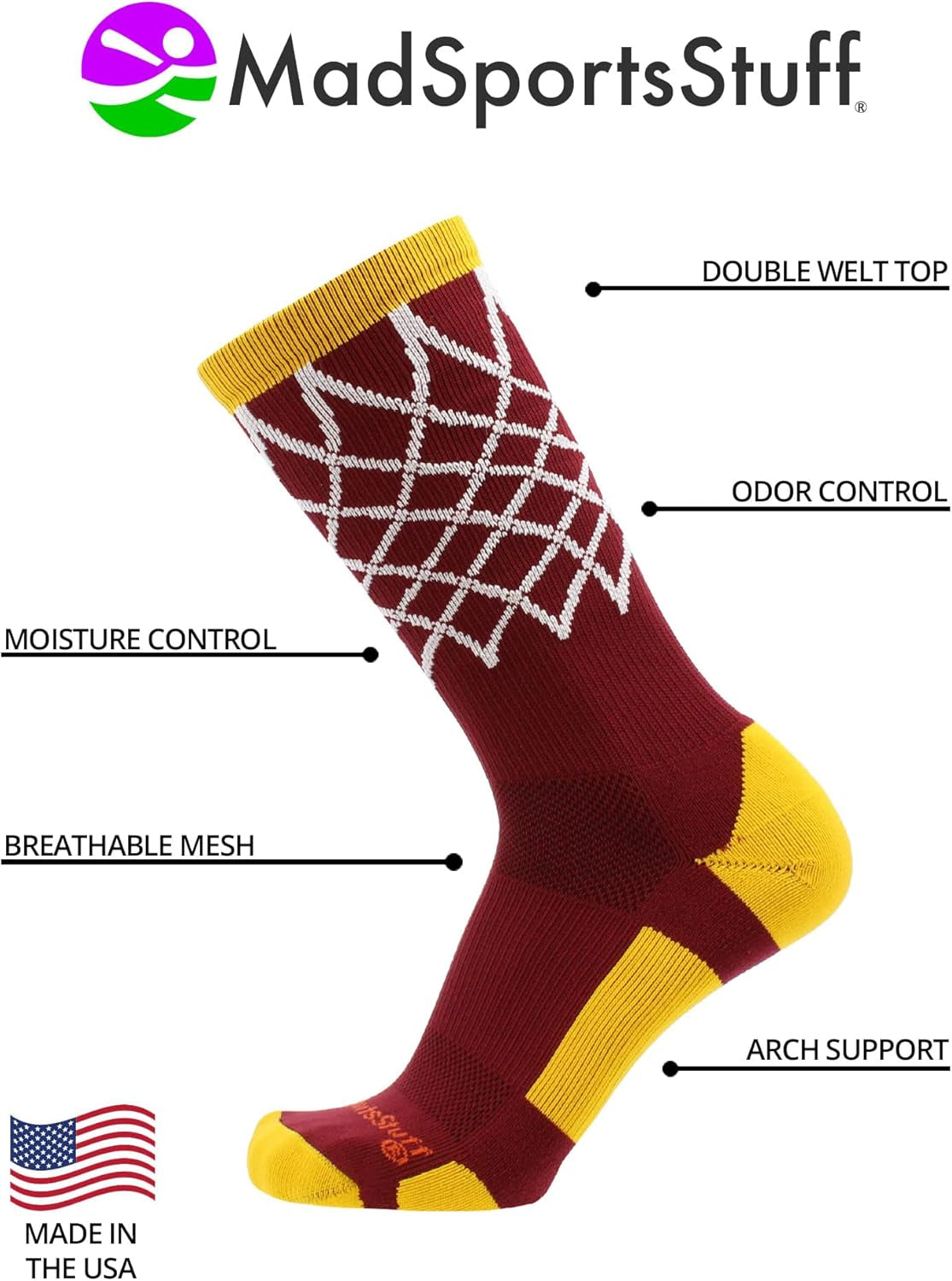 Elite Basketball Socks with Net Crew Length - Made in the USA