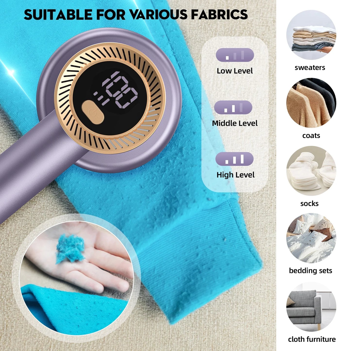 2-In-1 Rechargeable Fabric Shaver, Electric Lint Remover with 6 Blades & LED Digital Display, Sweater Defuzzer to Remove Pilling for Clothes, Furniture, Bedding, Gifts for Christmas, Purple